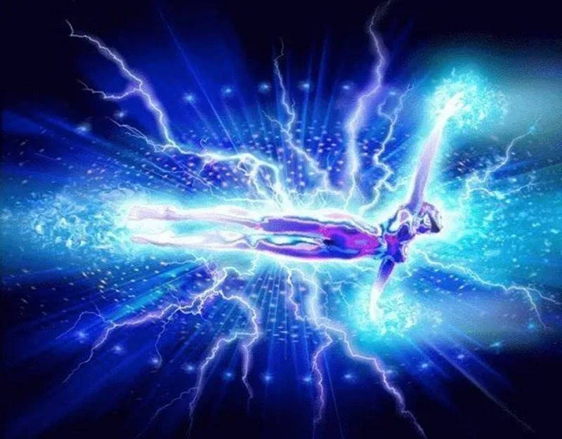 A white-purple-blue shape of a woman sparking and radiating light blue lightning and light energy. A white-purple-blue shape of a woman sparking and radiating light blue lightning and light energy.