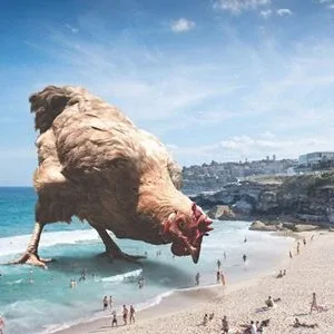 a gigantic, skyscraper-tall chicken picking humans on a beach a gigantic, skyscraper-tall chicken picking humans on a beach