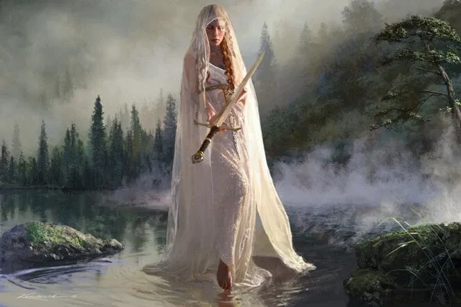A woman clad in a grecian style white dress and a white veil stepping out of a misty lake surrounded by dark forests presenting a sword. A woman clad in a grecian style white dress and a white veil stepping out of a misty lake surrounded by dark forests presenting a sword.