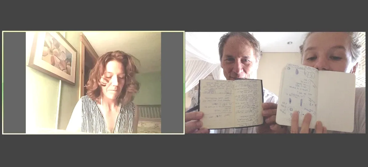 Two people showing their current Beep! Book pages on a zoom call Two people showing their current Beep! Book pages on a zoom call