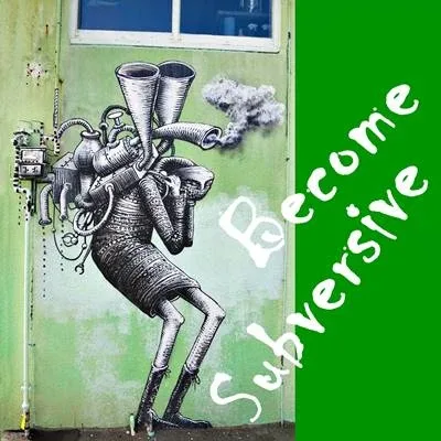 A subversive creature with a backpack of pipes, exhausts, smoke and other machinery, drawn in black and white on a green house wall A subversive creature with a backpack of pipes, exhausts, smoke and other machinery, drawn in black and white on a green house wall