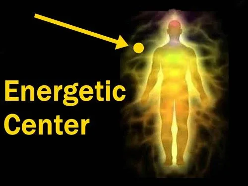 The shape of a body, surrounded by billowing light. An arrow with the words Energetic Center is pointing to a circle right outside the body shape. The shape of a body, surrounded by billowing light. An arrow with the words Energetic Center is pointing to a circle right outside the body shape.