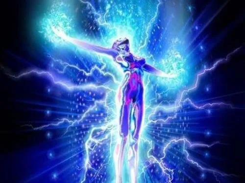 The shape of a body holding her arms straight to the side, her head tilted slightly back and her head and chest pulling upwards. Her shape is surrounded by cackling blue-white light that's radiating out as lightning in several places. The shape of a body holding her arms straight to the side, her head tilted slightly back and her head and chest pulling upwards. Her shape is surrounded by cackling blue-white light that's radiating out as lightning in several places.